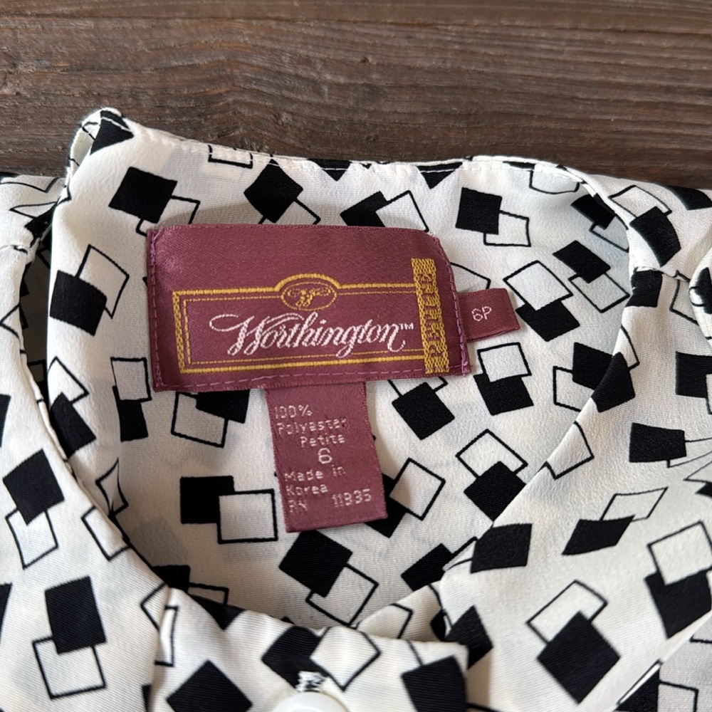 Vintage Worthington peplum button-down top ivory/black geometric EUC SMALL - Picture 10 of 12